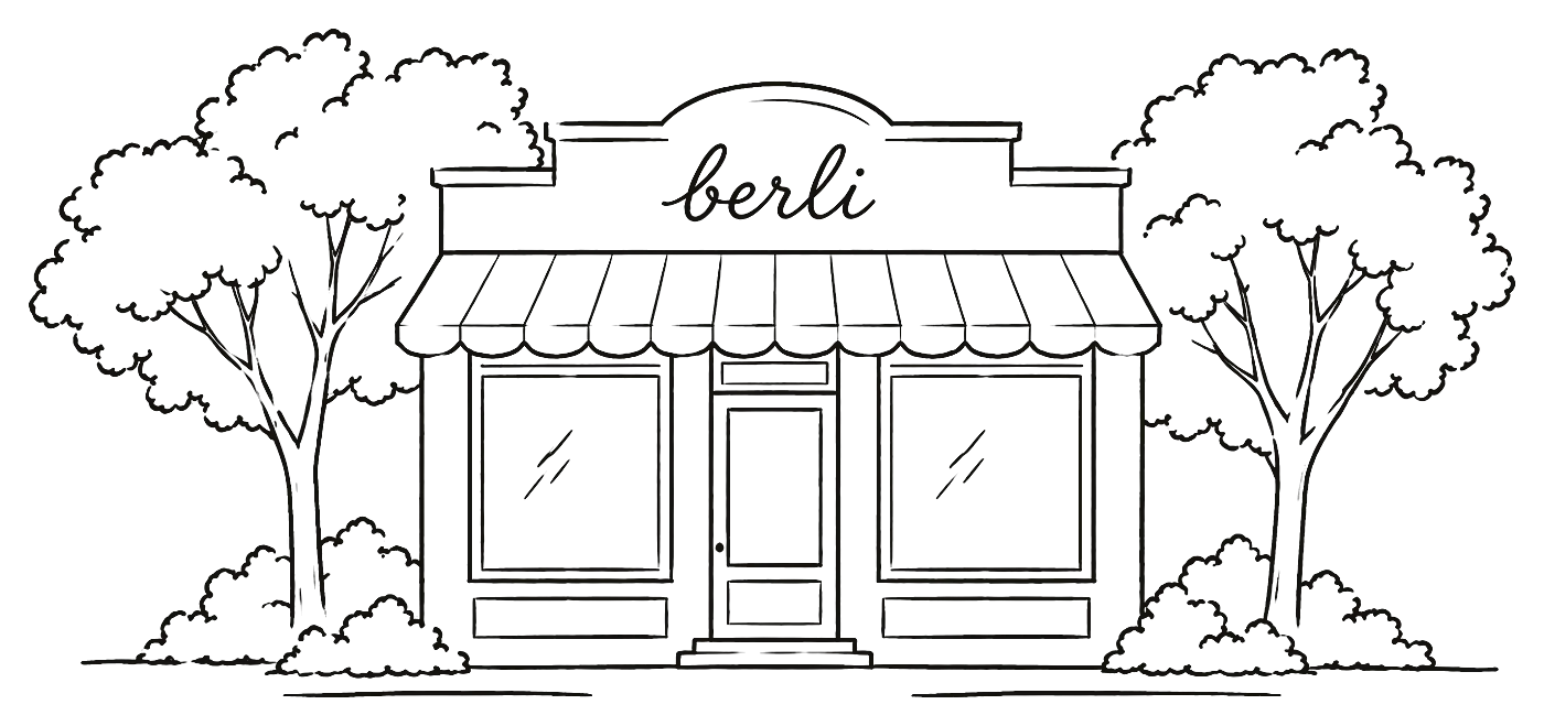 Dibujo a mano del frente de la tienda de berli, con dos árboles a los costados